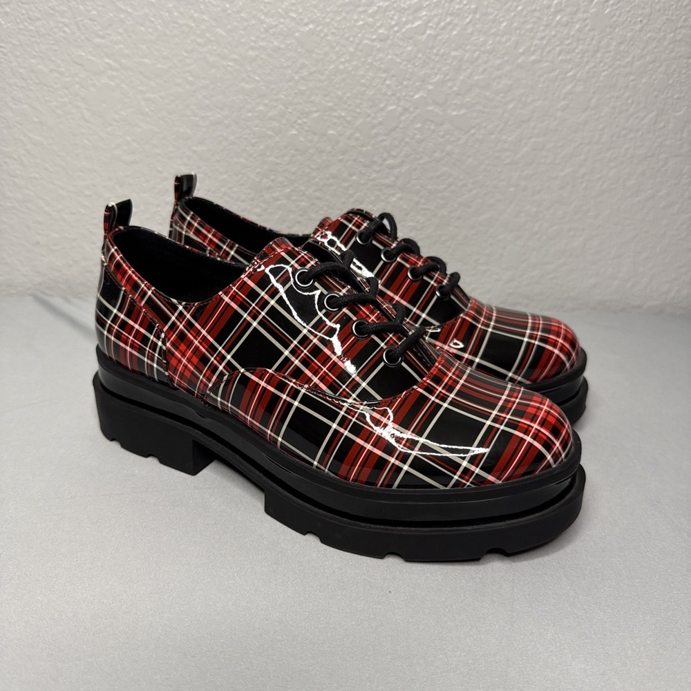 Jessica Simpson Sayze Lug Se‎ Oxford 7.5 Y2K Retro Red Black Plaid Platform